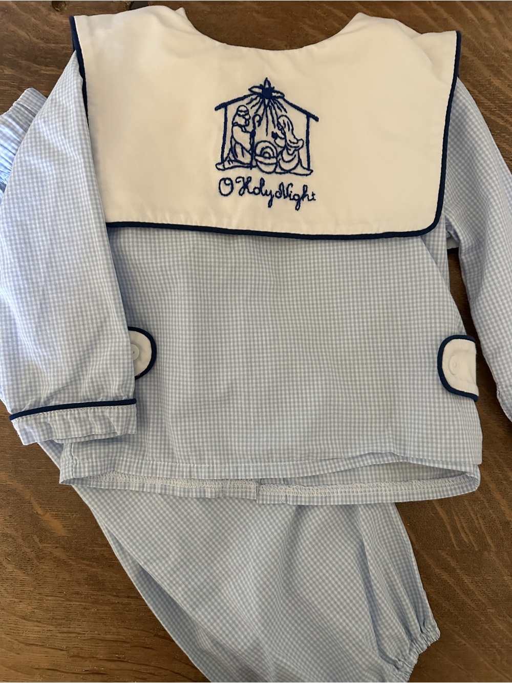 BBS Light Blue Seersucker Kids Set with Navy Trim and Nativity Embroidery